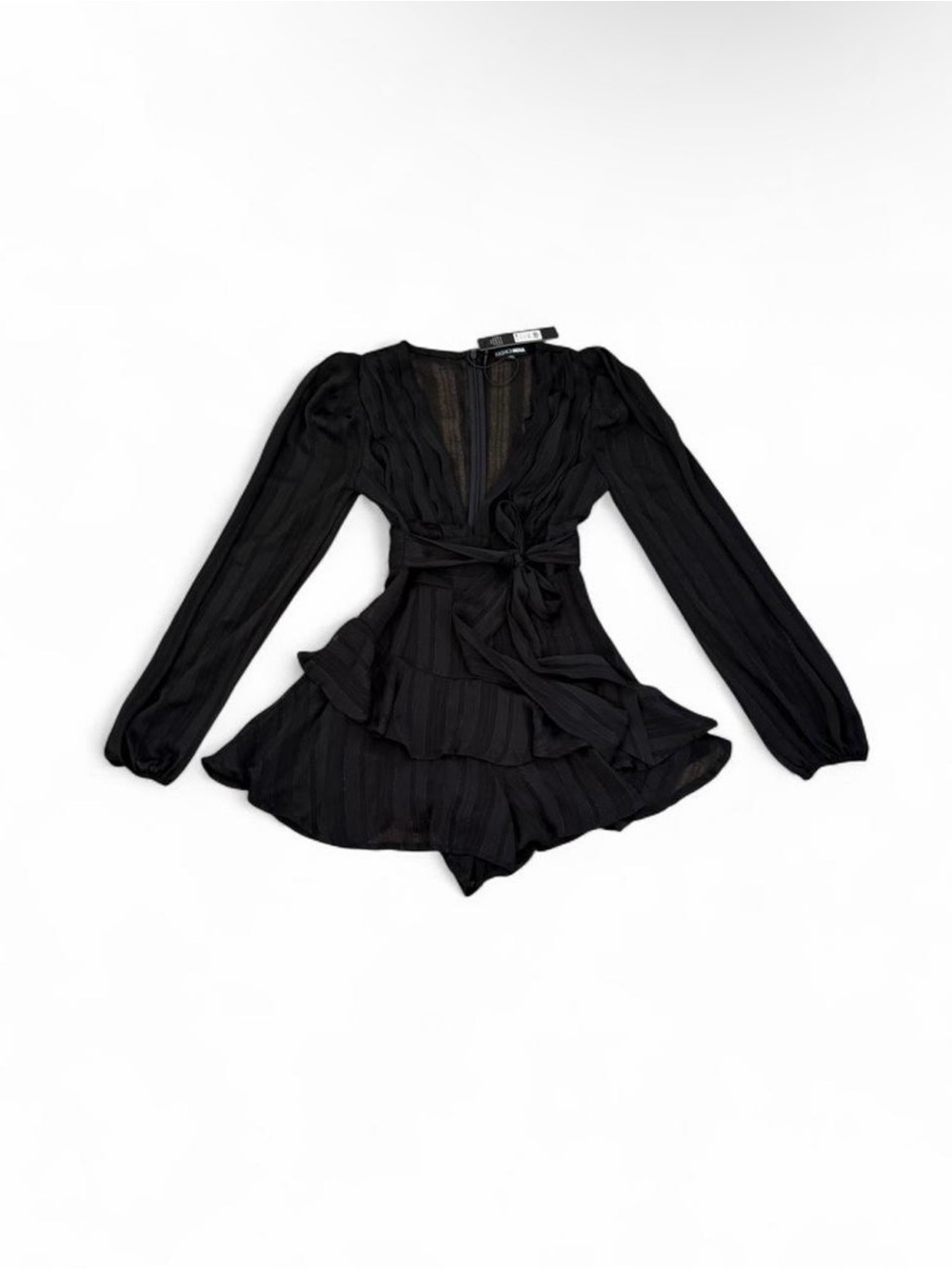 Fashion Nova Black Long-Sleeve Wrap Romper with Tiered Ruffle Skirt